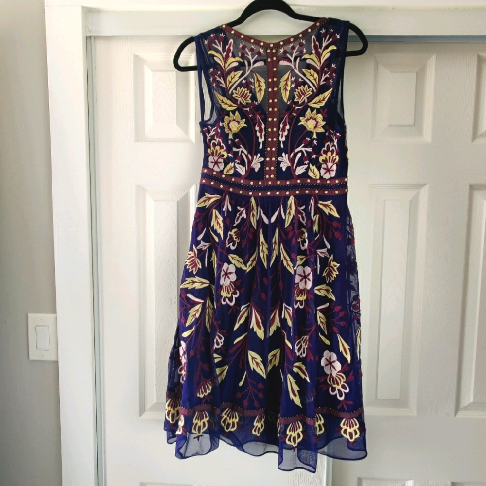 Anthropologie blue/ purple embroidery midi dress